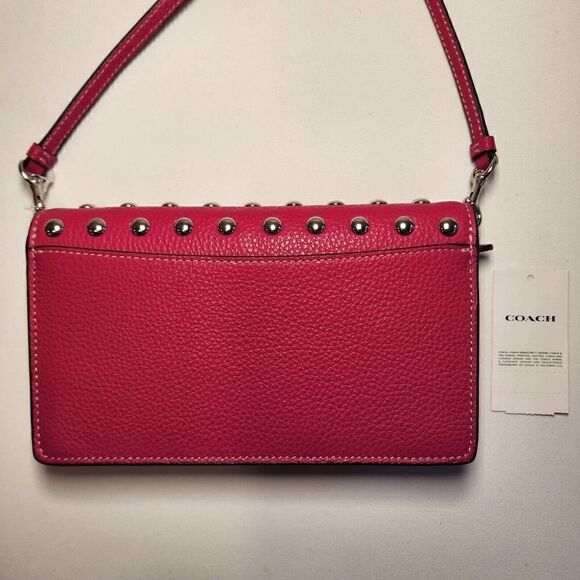 NWT Coach CM851 Anna Foldover Clutch Crossbody with Rivets Pebble Cerise Pink - Picture 3 of 5